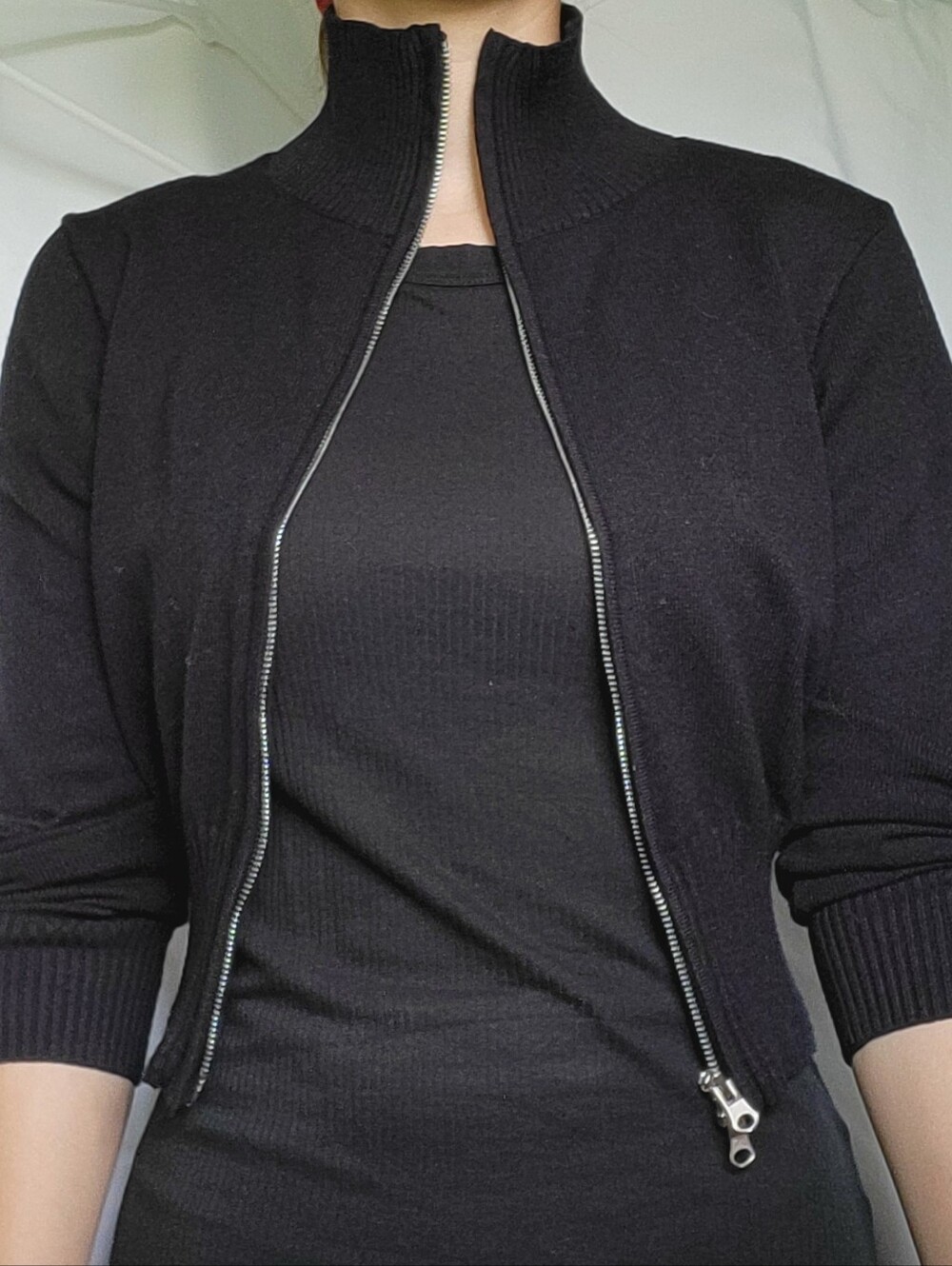 ANWND Crop Ribbed Black Mock Neck Zip Sweater
